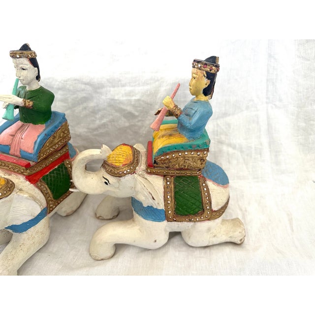 Pair of Wood Carved Elephants, hand painted with removable person on top. Perfect on a bookshelf or entry table etc. Great...