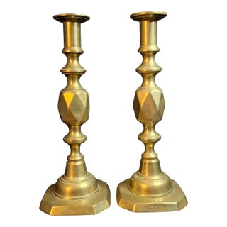 Antique Matching Pair Victorian "The Queen of Diamonds" Brass Candlesticks 11" Push Up Ejector c.1897 For Sale