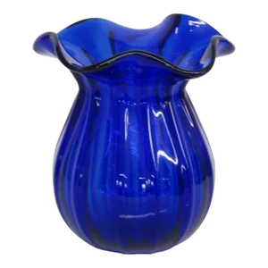 Mid Century Modern Glass Small Cobalt Blue Ribbed Ruffle Edge Vase
