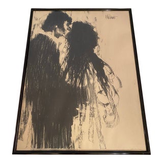 Vintage Aldo Luongo “lovers” 1969 Large Framed Charcoal Lithograph Print For Sale