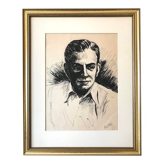 Vintage Original Art Deco Era Drawing Portrait of a Man Hollywood Circa 1930s by Bette For Sale