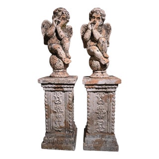 19th Century Italian Terracotta Cherub Sculptures on Pedestals, 1890, Set of 2 For Sale