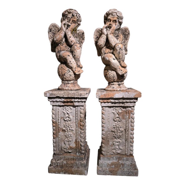 19th Century Italian Terracotta Cherub Sculptures on Pedestals, 1890, Set of 2 For Sale