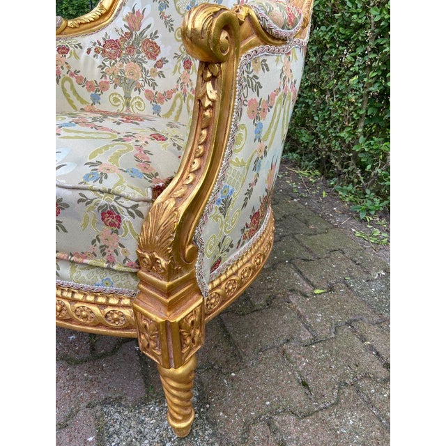 Late 20thC French Louis XVI Gold Beech Damask Bergères Pair For Sale - Image 9 of 11