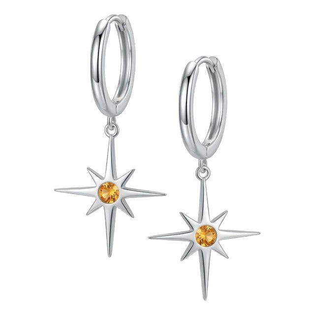 925 Sterling Silver Starburst Drop Earrings With Citrine Gemstone | Modern Hoop Dangle Earrings for Women - A Pair For Sale