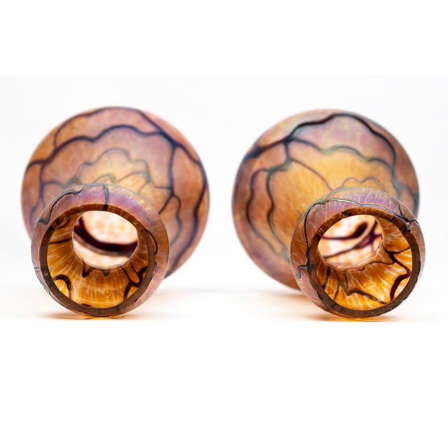 Glass Amber-Orange Vases in Iridescent Molded Glass with Wavy Relief Decor from Pallme-König & Habel, Bohemia, 1900s, Set of 2 For Sale - Image 7 of 11