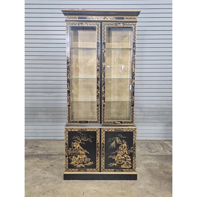 Store Item: DREXEL HERITAGE Black Lacquer Et Cetera Chinoiserie China Cabinet Bookcase Description: A hand painted Drexel...