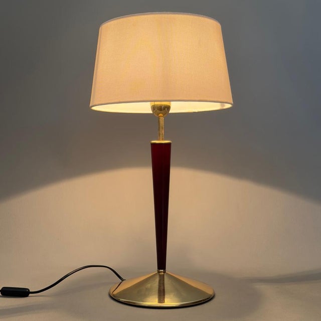 Brass Table Lamp with Wood and Fabric Shade, 1960s For Sale - Image 6 of 12
