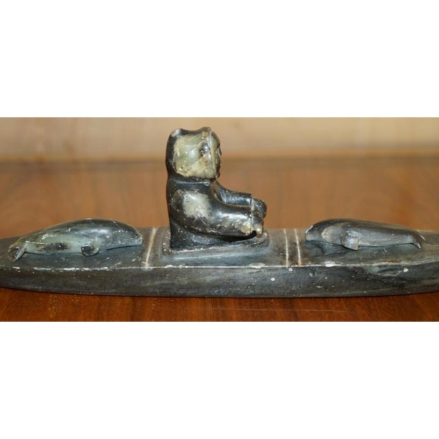 Stone Fine Alex Patsauq 1917 Signed Serial Number Inuit Eskimo Soapstone Kayak Carving For Sale - Image 7 of 18