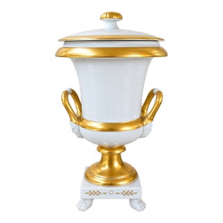 Vintage Belgian Cerabel Baudour White and Gold Empire-Style Covered Porcelain Urn For Sale