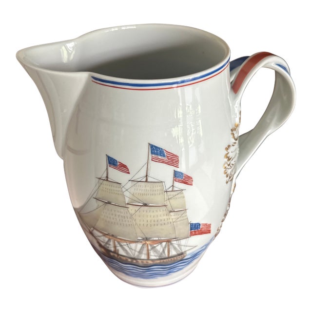1980s Substantial 3 Quart Mottahedeh Us Frigate “Constitution” Cider Pitcher Our Maritime Heritage Made in Portugal For Sale