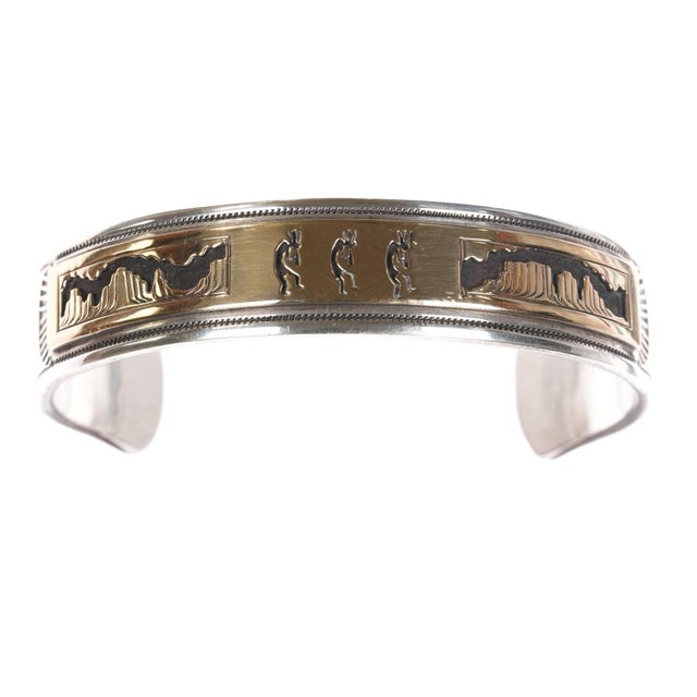 Late 20th Century 7.5" H 14k/sterling Vintage Southwestern Cuff Bracelet For Sale - Image 5 of 11