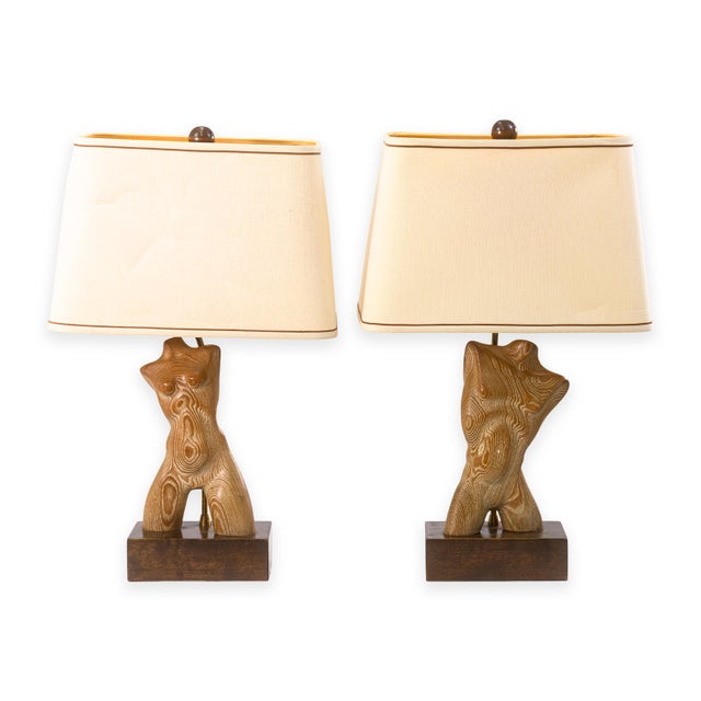 Pair of Vintage Yasha Heifetz Sculptural Wooden Female & Male Torso Table Lamps For Sale - Image 9 of 9