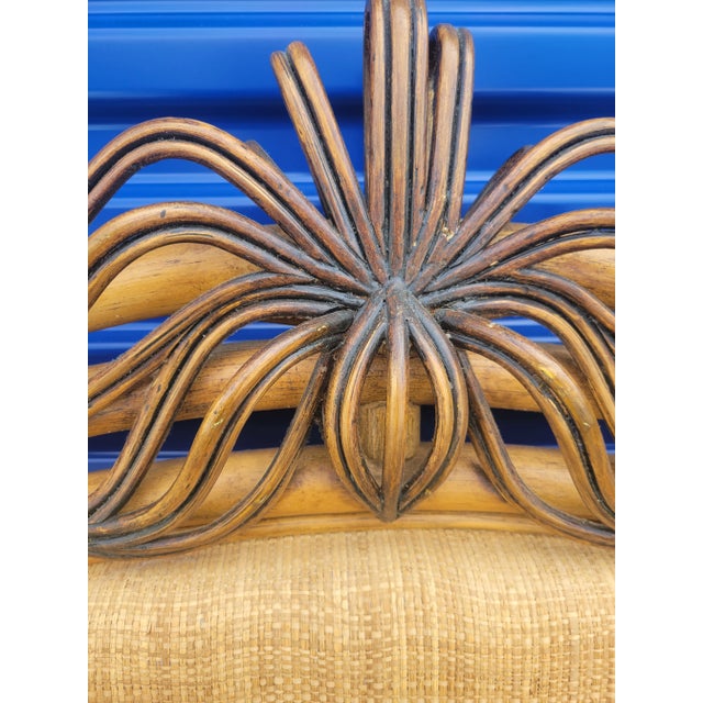 Vintage Queen Size Regency Tropical Weaved Wicker Padded Upholstered Bamboo Poster Headboard For Sale In West Palm - Image 6 of 9