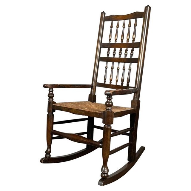 Antique Oak Spindle Back Rocking Chair with Rush Seat, 1900s For Sale - Image 10 of 11