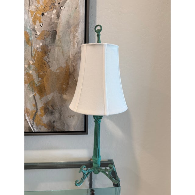 Early 20th Century Verdigris-Green Metal Table Lamp With Neoclassical Tripod Base For Sale - Image 4 of 14