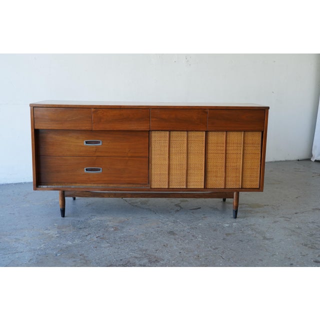 1960s Mid-Century Modern Hooker Walnut & Cane Lowboy Dresser 64” For Sale In Las Vegas - Image 6 of 18
