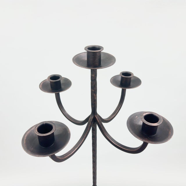 Metal Hand Forged Iron Floor Candelabra 48.5″ (123cm) Antique Copper Patina 3-Arm Wide Base Stable Candle Holder Rustic Decor For Sale - Image 7 of 9