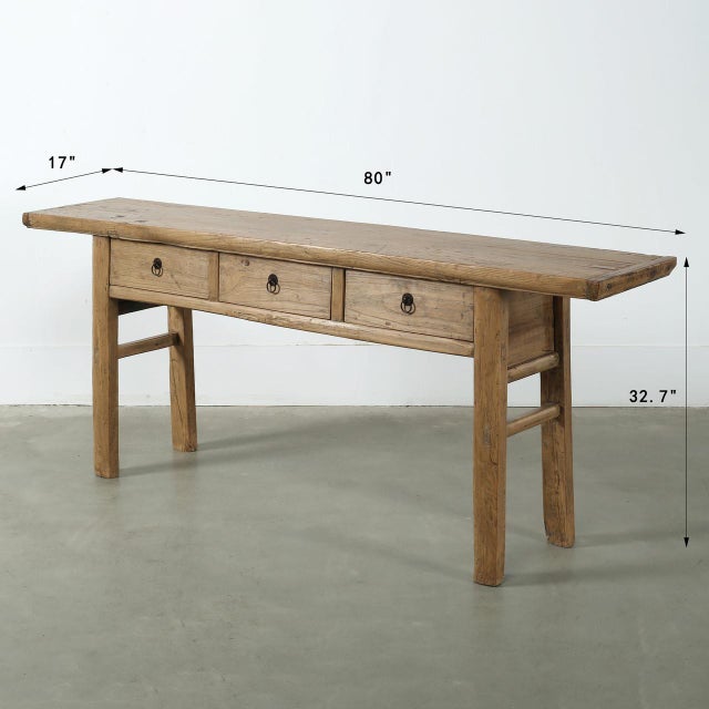 Farmhouse Vintage Console Table With Three Drawers – Weathered Wood For Sale - Image 3 of 7