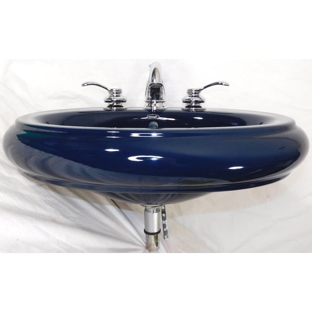 Ceramic 1999 Vintage Kohler Revival Dark Navy Blue Vitreous China Pedestal Sink With Kohler Faucet For Sale - Image 7 of 18