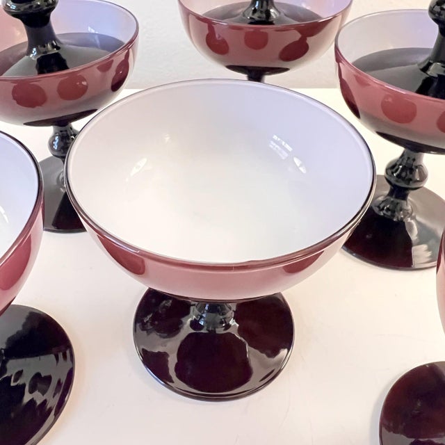 1960s 9 Carlo Moretti Amethyst cased glass coupe glasses // eggplant or raisin colored blown glass // purple and white colored glass stemware For Sale - Image 12 of 13