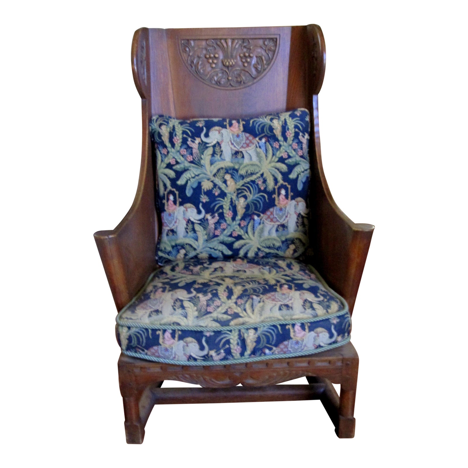 Antique Ornate Carved Wooden Wingback Chair W/ Monkey & Elephant Upholstered Cushions | Chairish