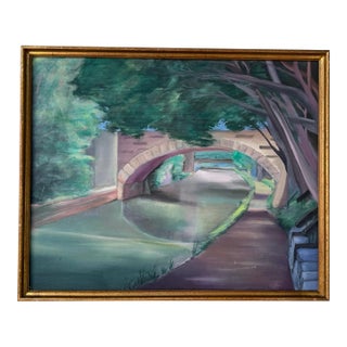 1980’s Eric Lewis Canal With Arched Bridge Oil on Canvas Painting, Framed For Sale