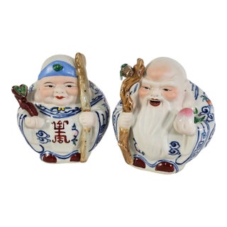 Jingdezhen Sculpture Porcelain Factory Shou Lao & Shou Po Deities Pair 6.5" For Sale