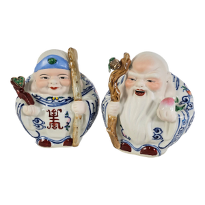 Jingdezhen Sculpture Porcelain Factory Shou Lao & Shou Po Deities Pair 6.5"