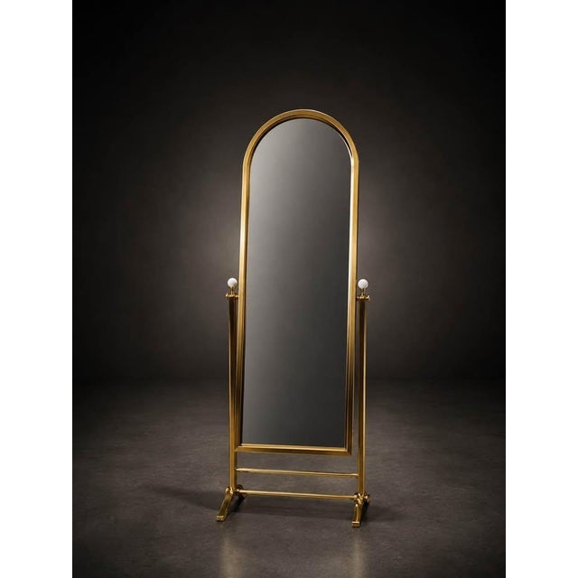 Vintage Hollywood Regency Brass-Tone Cheval Floor Mirror With Porcelain Knobs For Sale - Image 4 of 5
