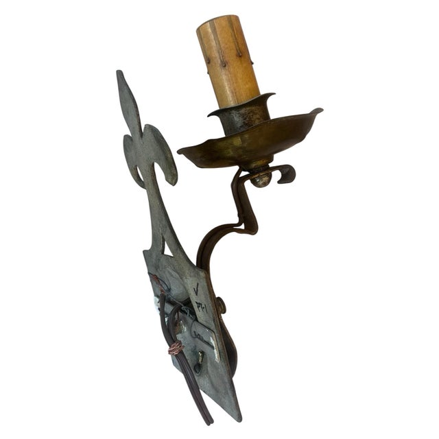 Metal 1920 Iron and Brass Lightly Hammered Sconces With Fleur De Lis - a Pair For Sale - Image 7 of 7
