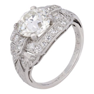 1920s Art Deco Gia 2.26 Carat Old European Cut Diamond Platinum Engagement Ring, Size 4 For Sale