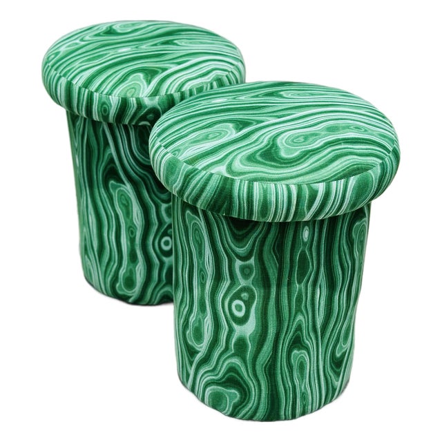 Mushroom Stools Upholstered in Faux Malachite Fabric For Sale