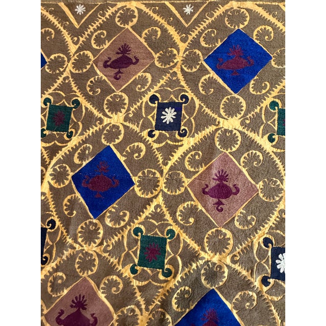 Gold Lattice Cotton Suzani With Blue Diamond Motifs For Sale - Image 10 of 10