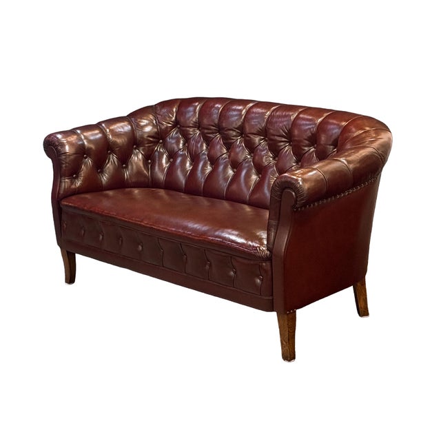Swedish Chesterfield Sofa or Settee of Tufted Patinated Oxblood Leather For Sale - Image 12 of 15