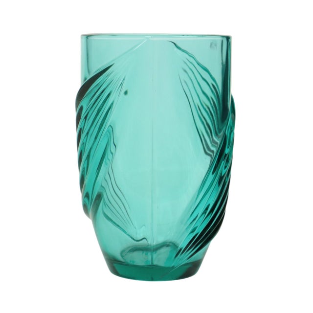 Vintage turquoise, blue round glass vase in Art Deco style, by Luminarc France, with maker's sticker, marked on the...