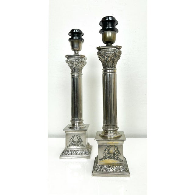 Nickel-Plated Brass Column Table Lamps in the style of Greek, 1970s, Set of 2 For Sale - Image 3 of 11
