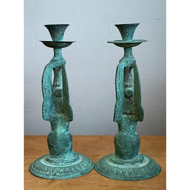 Vintage Patinated Metal Winged Sphinx Candelabras - Pair For Sale In West Palm - Image 6 of 12