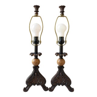 Vintage Pair of Ornate Table Lamps With Polished Natural Stone Spheres, Dark Bronze & Brass Finish, Traditional European Style For Sale