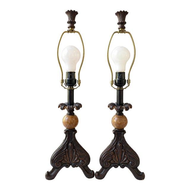 Vintage Pair of Ornate Table Lamps With Polished Natural Stone Spheres, Dark Bronze & Brass Finish, Traditional European Style For Sale