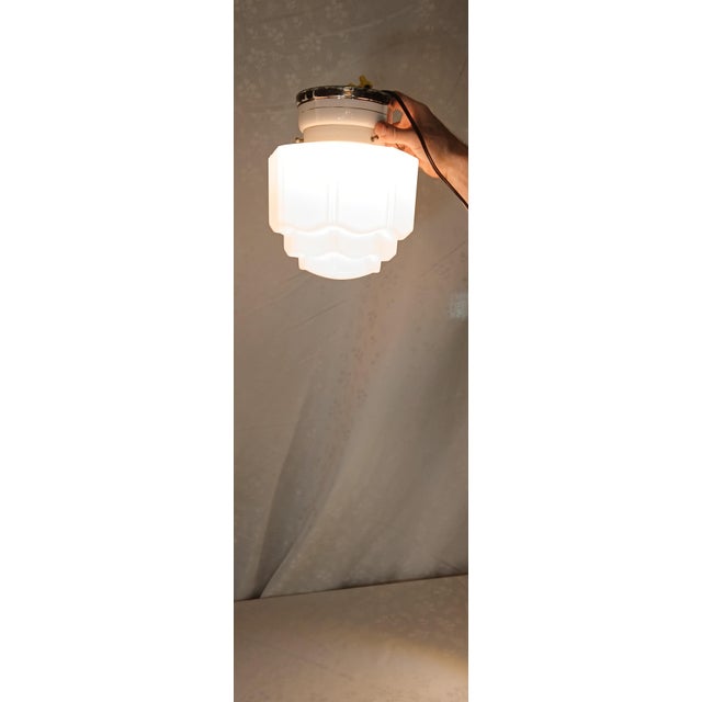 Art Deco 1930s Art Deco Milk Glass Skyscraper "Wedding Cake" Flush Mount Ceiling Light For Sale - Image 3 of 10