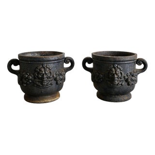 Early Swedish Modern Cast Iron Bacchus Urn Planters by Folke Bensow for Näfveqvarns Bruk, 1930s, Set of 2 For Sale