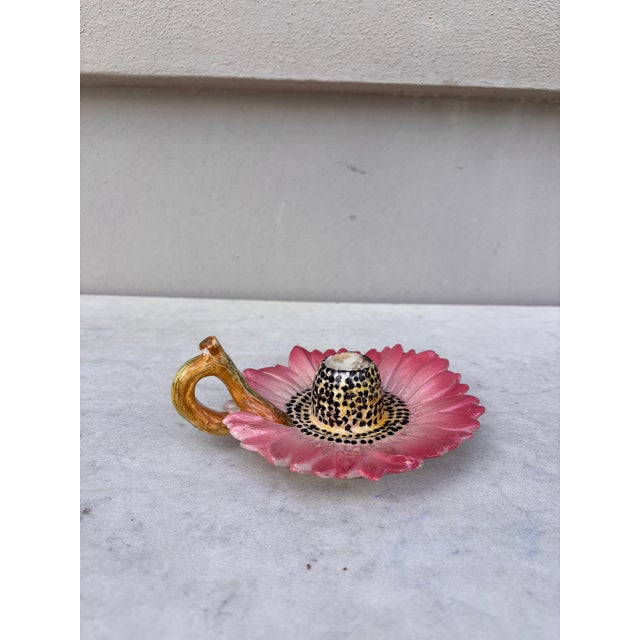 French Country Majolica Pink Daisy Candelstick Delphin Massier Circa 1890 For Sale - Image 3 of 7