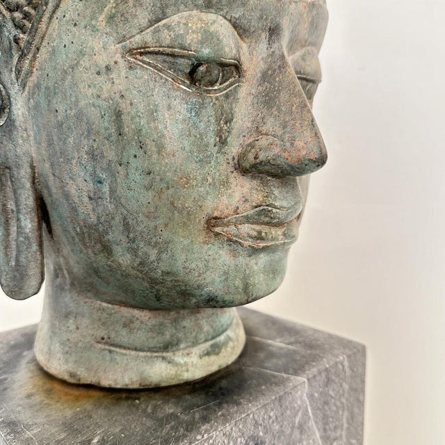 Sukhothai-Buddha Head, 1940s, Cast Bronze on Granite Base For Sale - Image 6 of 16
