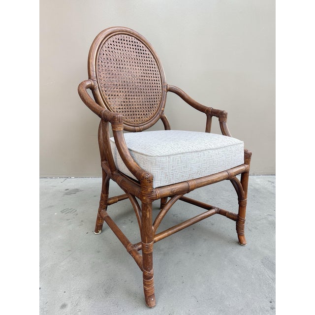 Newly Upholstered Vintage Rattan & Cane Oval-Back Dining Chairs | Set of 6 For Sale - Image 10 of 15