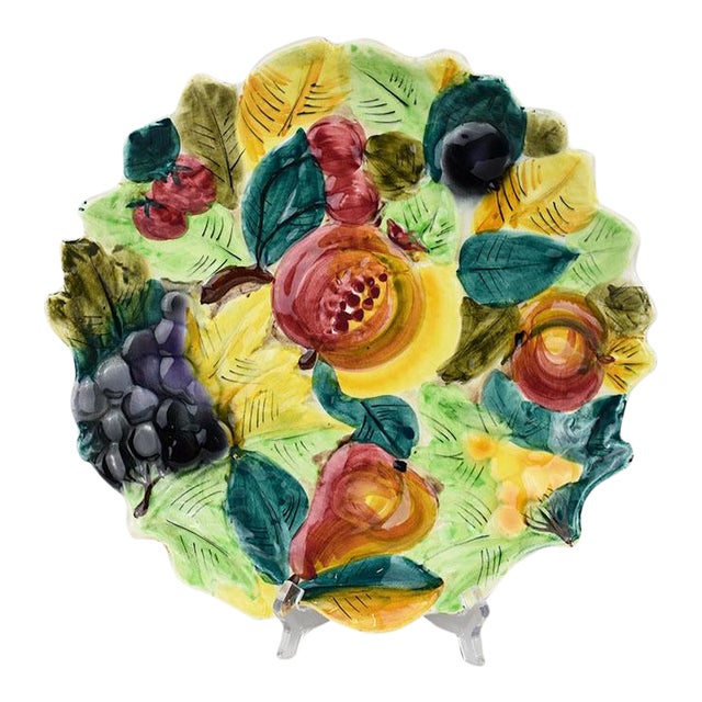 Vintage Round Italian Colorful Polychrome Hand Painted Ceramic Majolica Fruit Platter For Sale