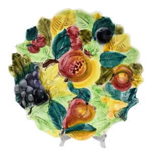 Vintage Round Italian Colorful Polychrome Hand Painted Ceramic Majolica Fruit Platter