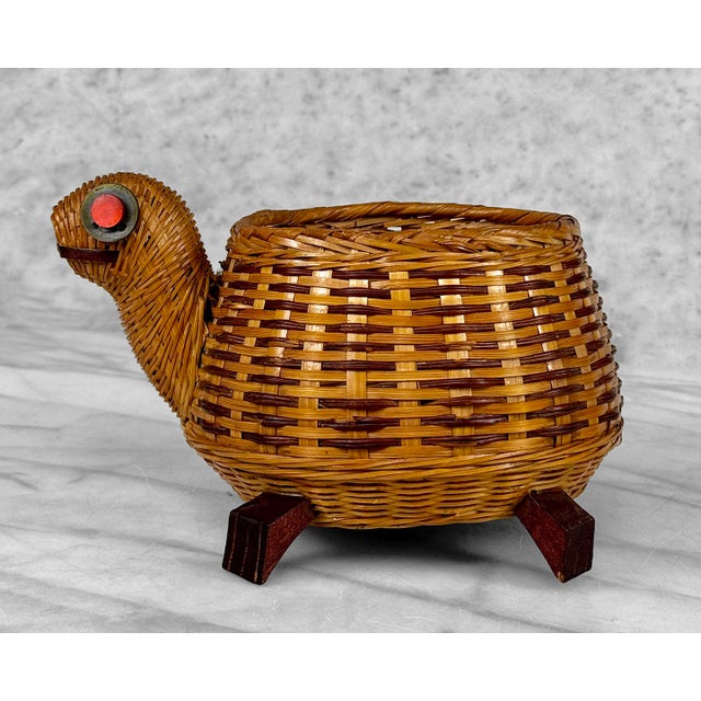 Hollywood Regency Vintage Boho Natural Wicker Figural Turtle Planter For Sale - Image 3 of 8
