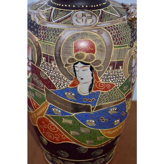 Vintage Japanese Satsuma Moriage Vase Kannon Goddess & Rakan Dragon For Sale - Image 4 of 14