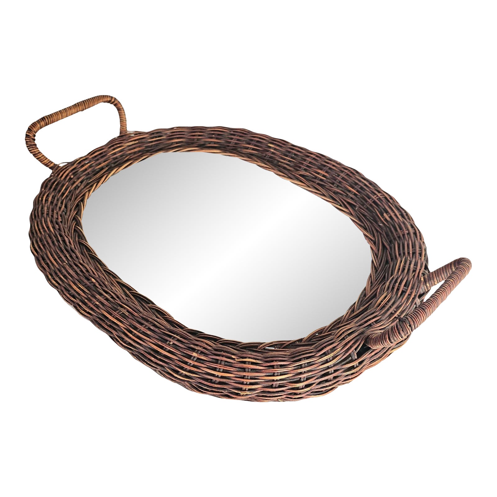 1970s Handwoven Wicker and Rattan Mirror Tray – Oval Boho Vanity or Bar ...